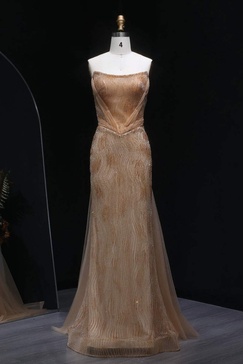 Luxury Gold Mermaid Evening Dress with Train & Beading