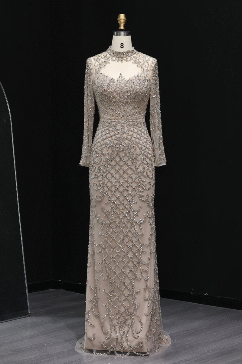 Luxury Heavy Beaded Champagne Long-Sleeve Evening Dress