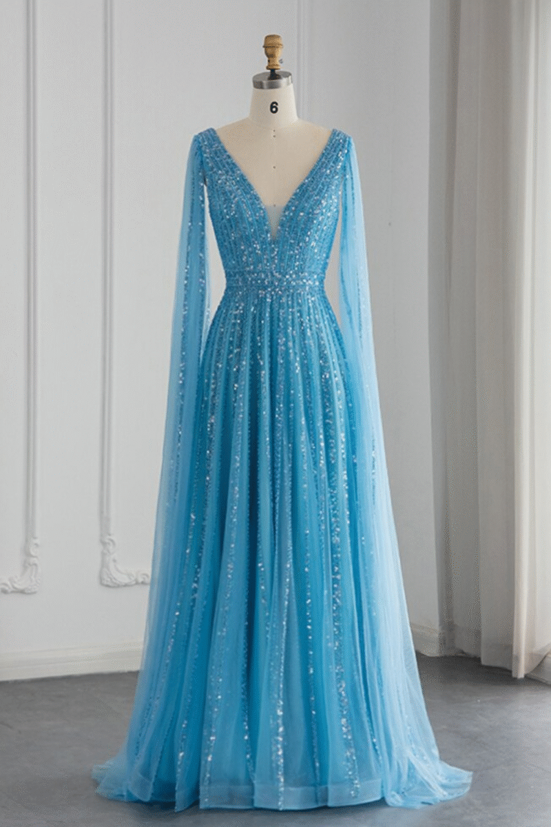 A-Line Scalloped  Sky Blue Organza Evening Gown with Full Sleeves and Sequins