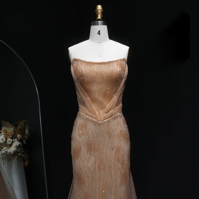 Luxury Pink Mermaid Evening Dress with Train & Beading