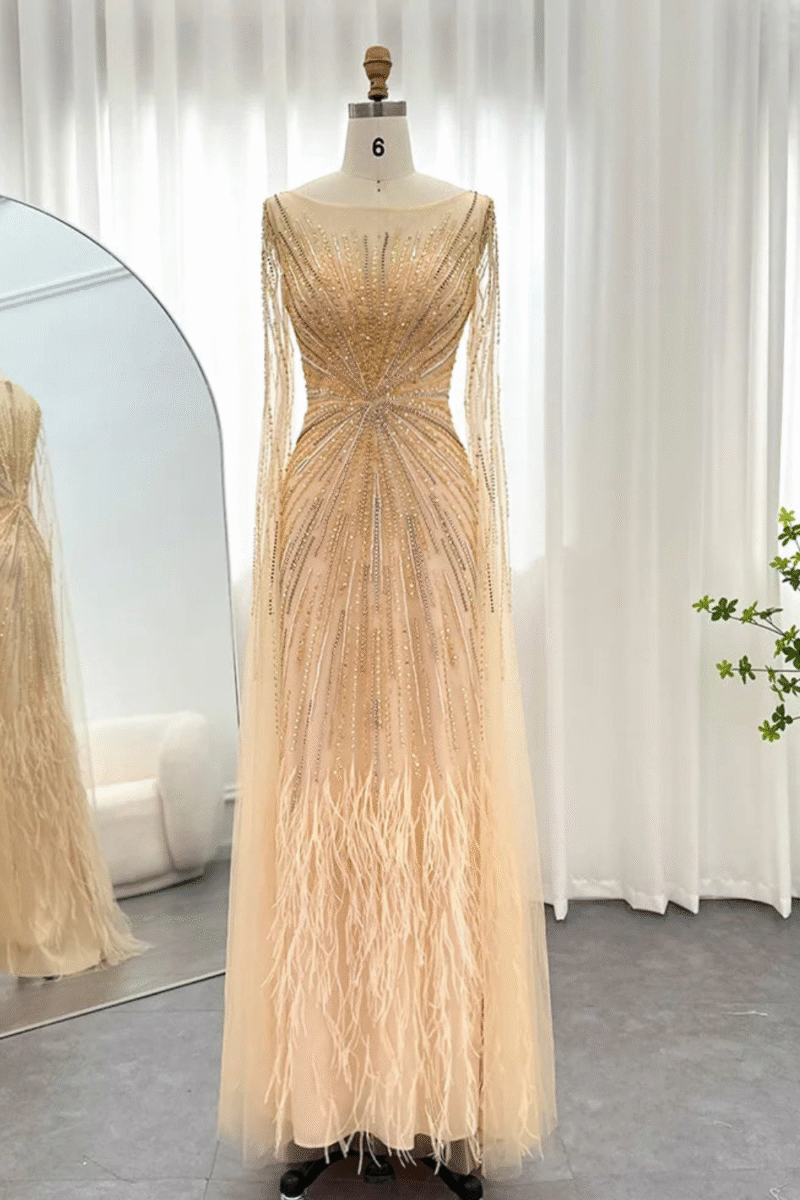 Luxury Gold Feather Cape Sleeve Evening Gown