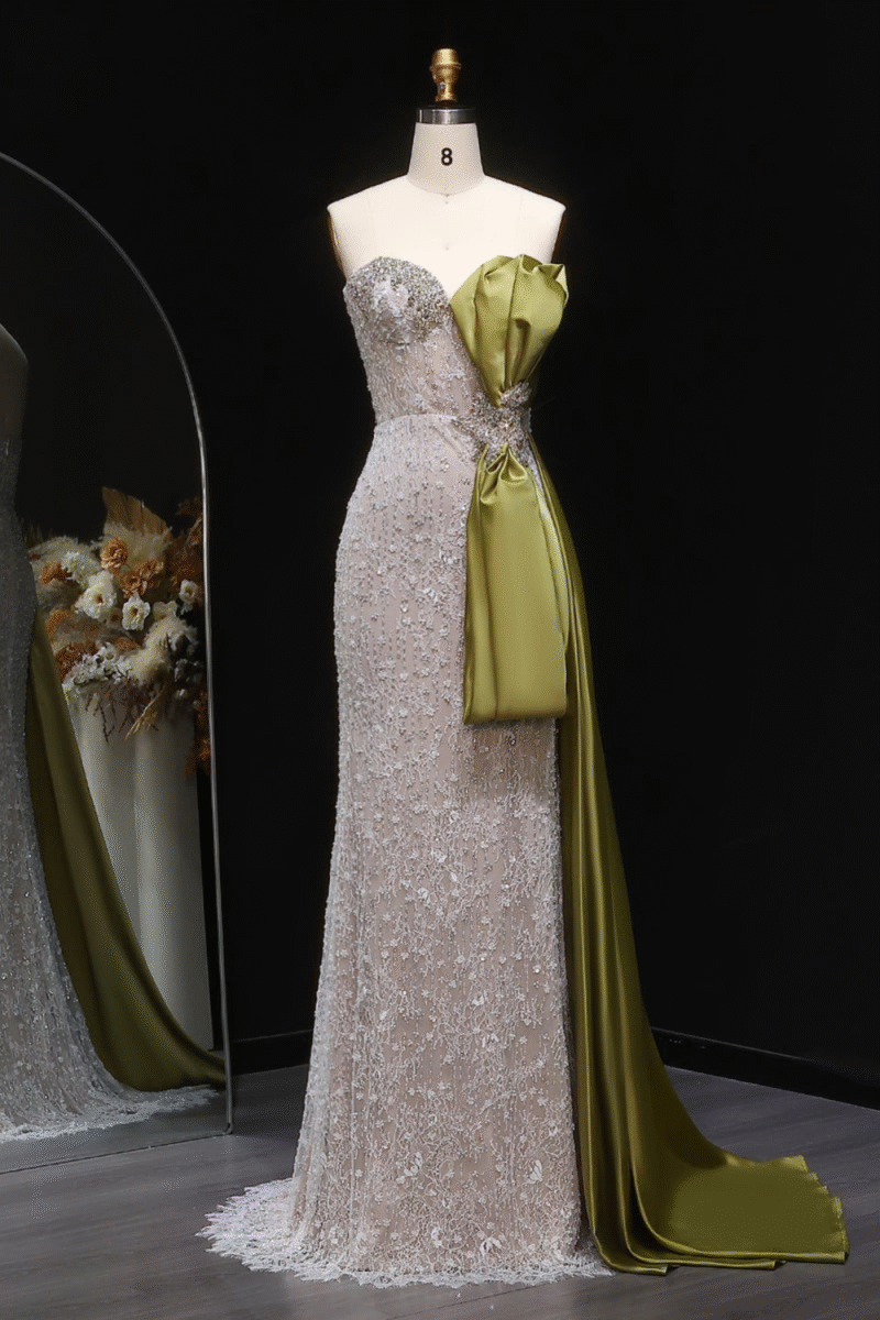 Luxury Mermaid Evening Dress with Olive Green Side Bow