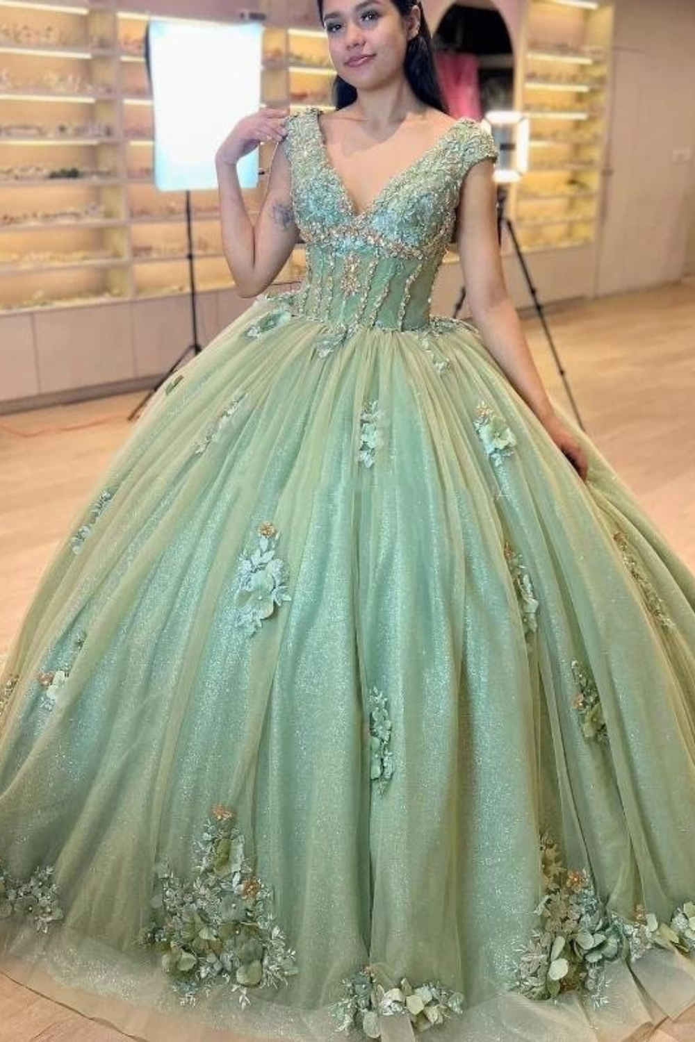 Green V-Neck Quinceanera Ball Gown | Beaded Applique Birthday & Graduation Dress