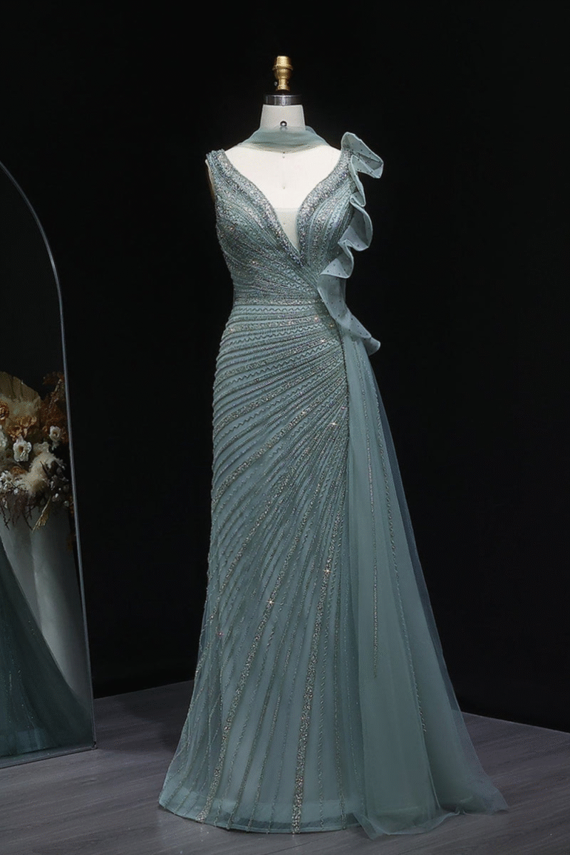 Beaded Mermaid Green Evening Dress with Side Skirt Ruffles