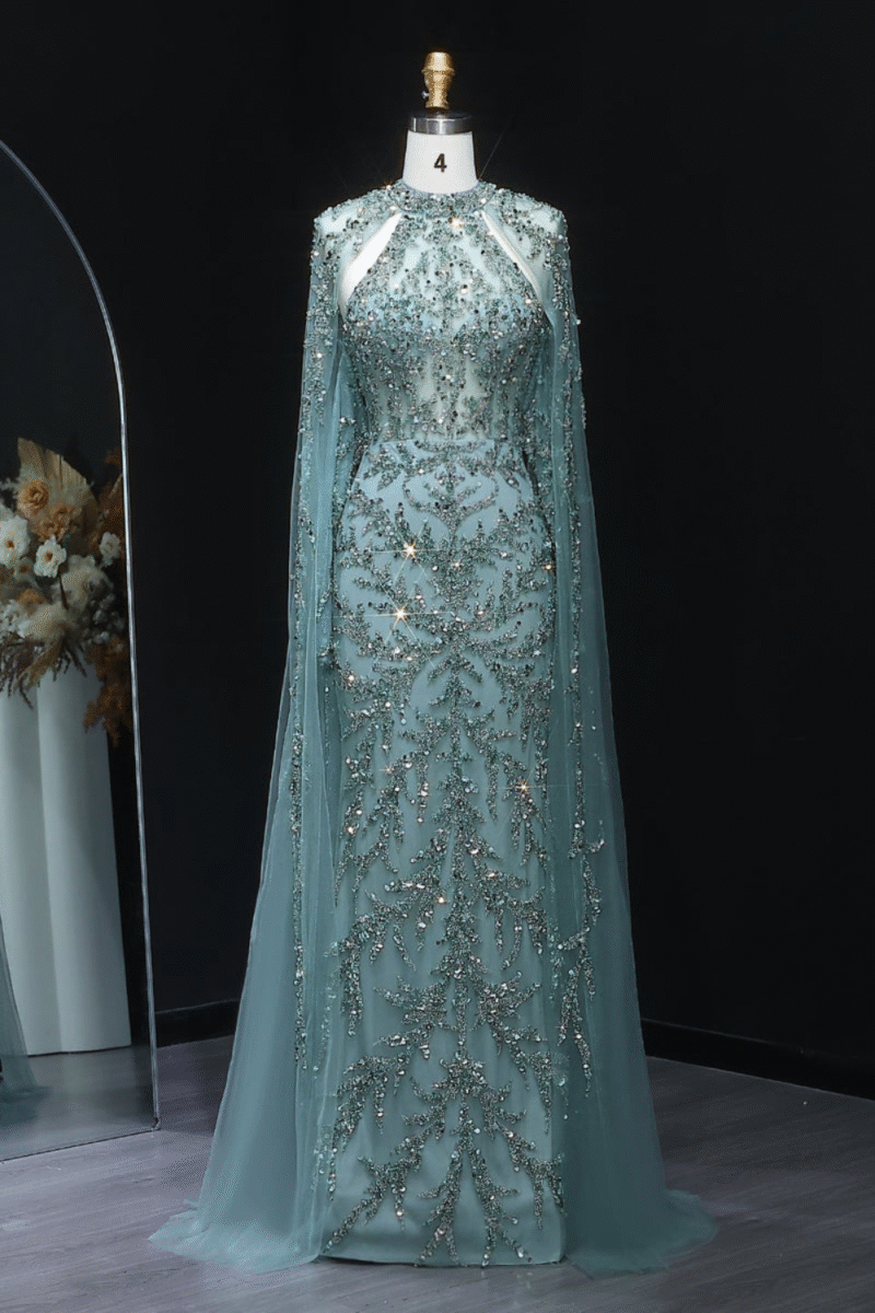 Luxury Beaded Green Dress – Floor-Length Evening Gown with Cape Sleeves