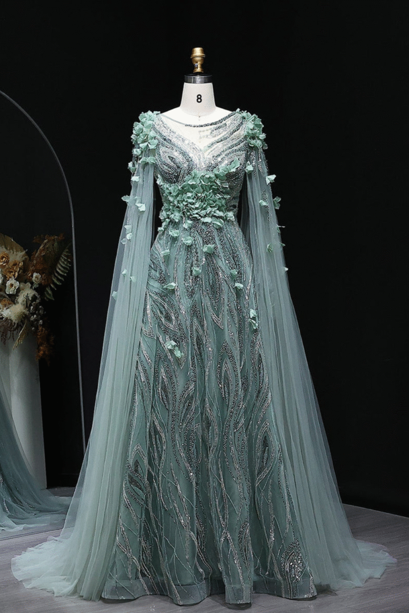 Luxury Beaded Green Evening Dress with 3D Flowers