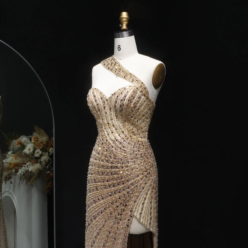 Luxury Champagne Crystal Evening Dress with High Slit