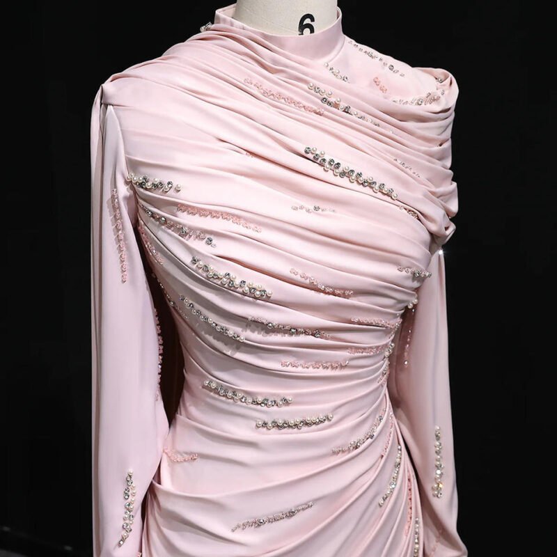 Pink Mermaid Evening Dress with Sparkling Beads and Ruffled Layers