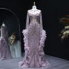Champagne Mermaid Evening Dress with Beading and Dramatic Feather Cape Sleeves