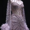 Champagne Mermaid Evening Dress with Beading and Dramatic Feather Cape Sleeves