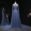 Luxury Blue Beaded Evening Dress with Cape Sleeves