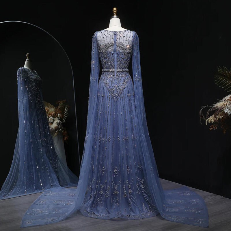 Luxury Blue Beaded Evening Dress with Cape Sleeves
