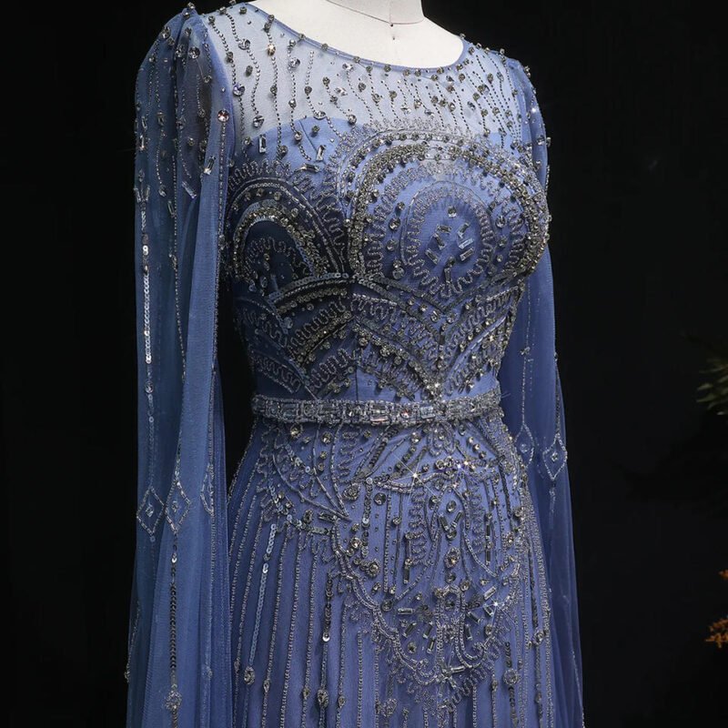 Luxury Blue Beaded Evening Dress with Cape Sleeves