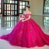 Pink 3D Floral Quinceanera Ball Gown – Off-the-Shoulder Tulle Applique Sweet 16 Dress
