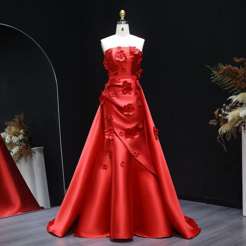 3D Flowers Evening Red Dress with Detachable Overskirt