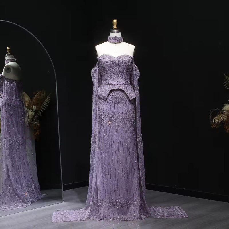 Luxury Grey Crystal Off-Shoulder Evening Dress with Cape Sleeves