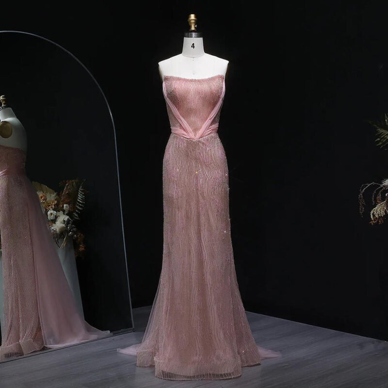 Luxury Pink Mermaid Evening Dress with Train & Beading