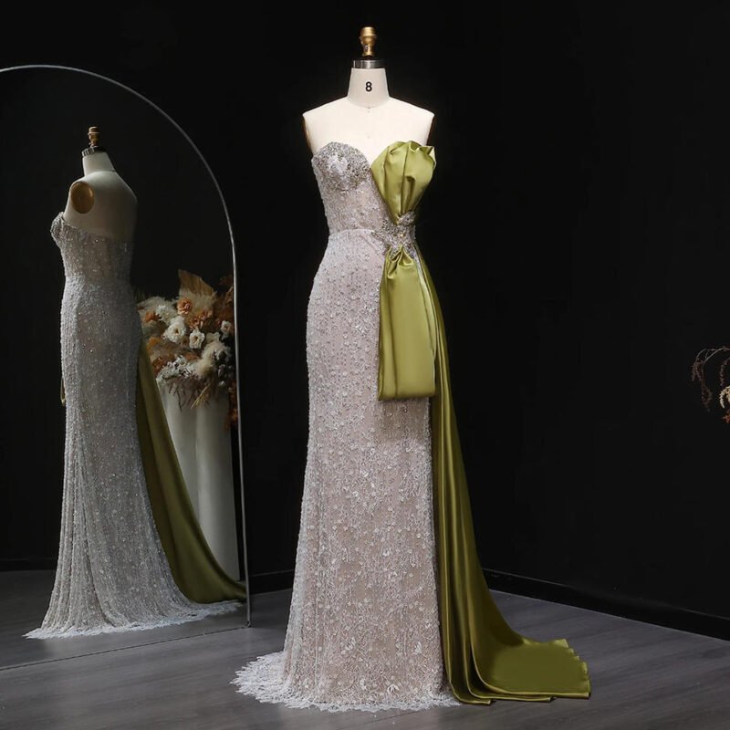 Luxury Mermaid Evening Dress with Grey White Side Bow