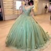 Green V-Neck Quinceanera Ball Gown | Beaded Applique Birthday & Graduation Dress
