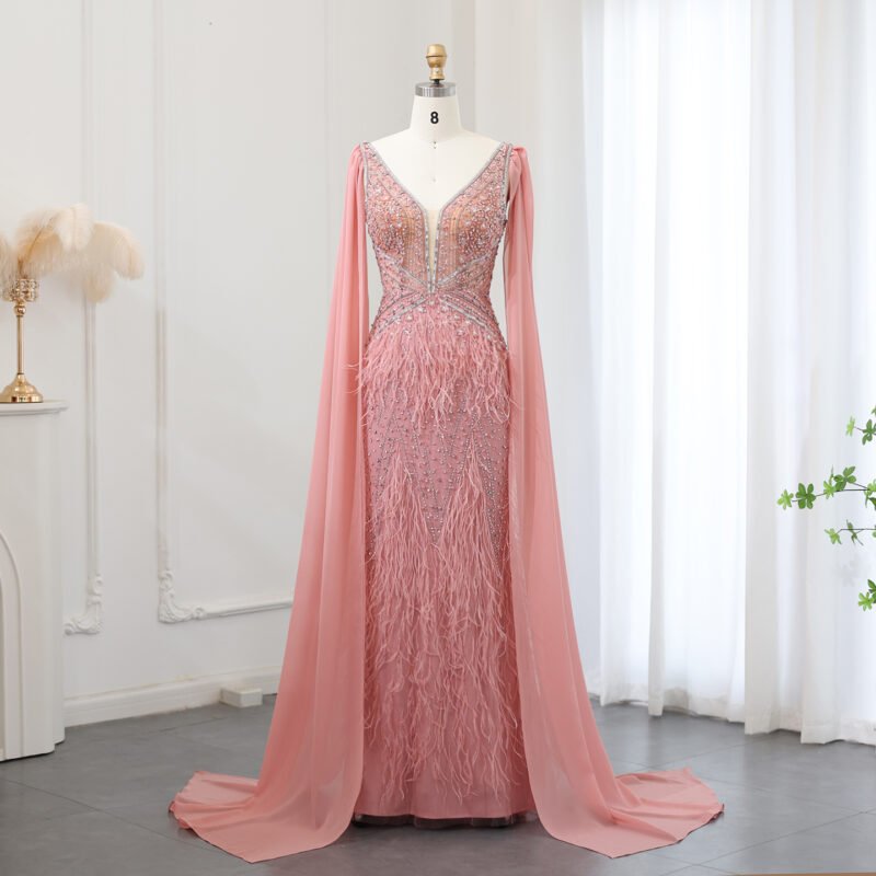 Luxury Beaded Evening Dress with Cape Sleeves