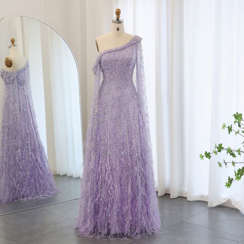 Luxury Sky Blue Feathered One-Shoulder Gown