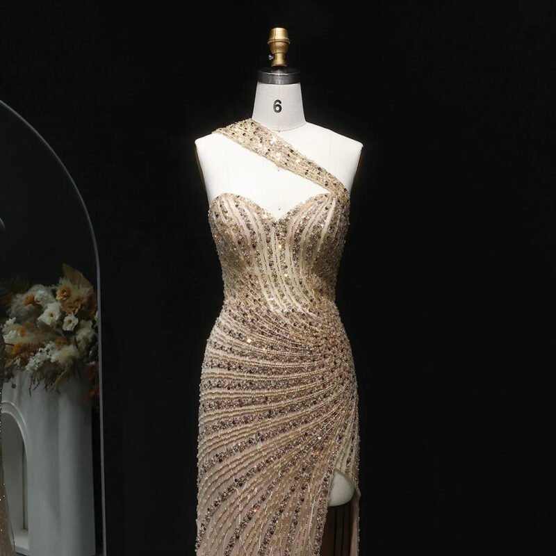 Luxury Champagne Crystal Evening Dress with High Slit