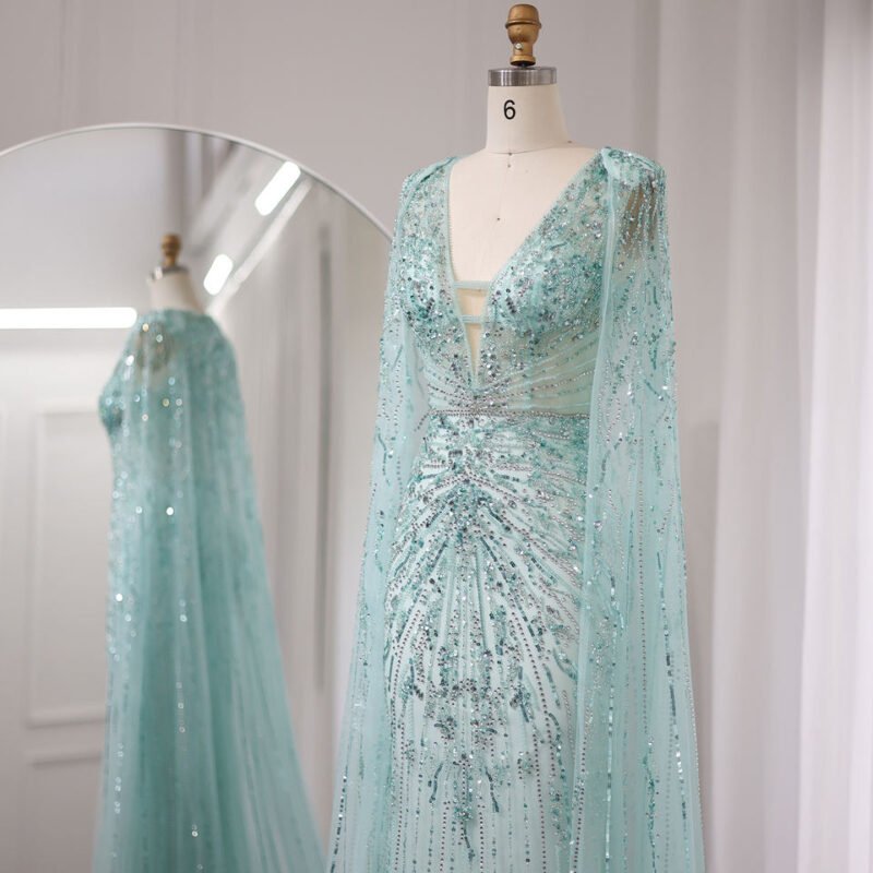 Luxury Aqua Mermaid Evening Gown – V-Neck Design with Cape Sleeves