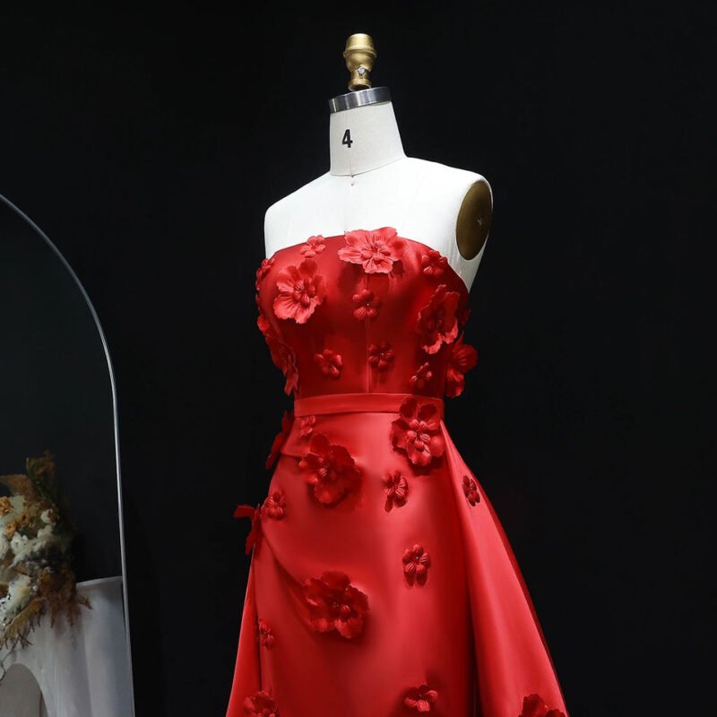 3D Flowers Evening Red Dress with Detachable Overskirt