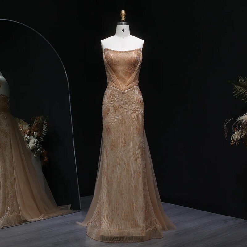 Luxury Pink Mermaid Evening Dress with Train & Beading