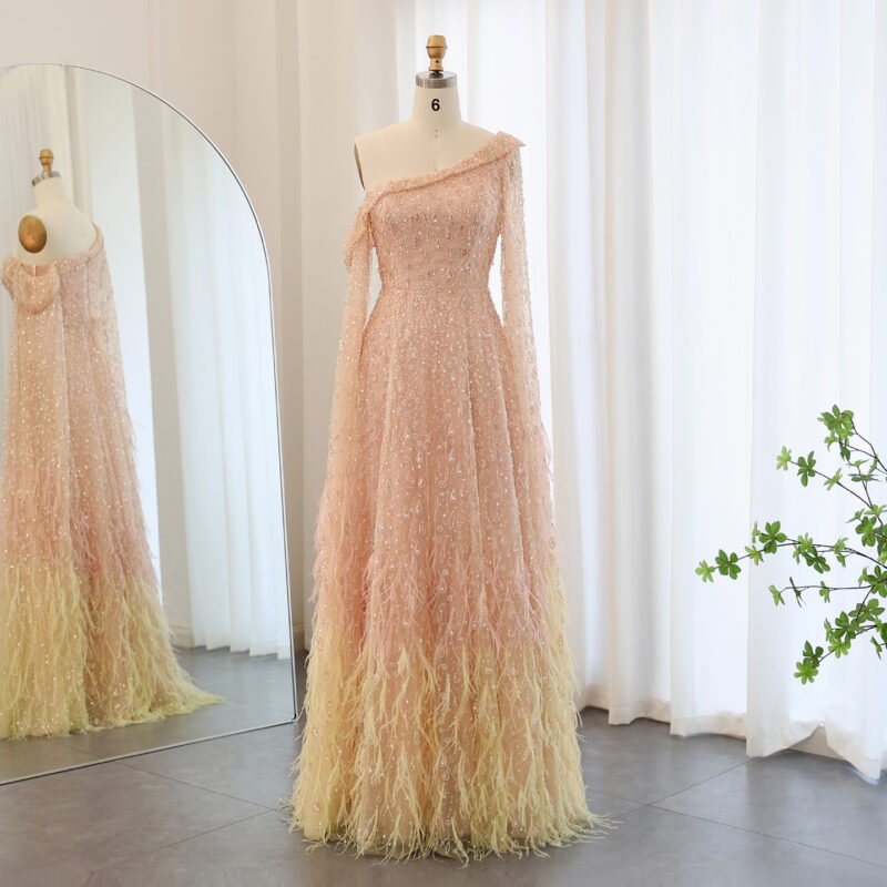 Luxury Sky Blue Feathered One-Shoulder Gown