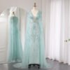 Luxury Aqua Mermaid Evening Gown – V-Neck Design with Cape Sleeves