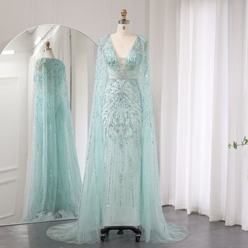 Luxury Aqua Mermaid Evening Gown – V-Neck Design with Cape Sleeves