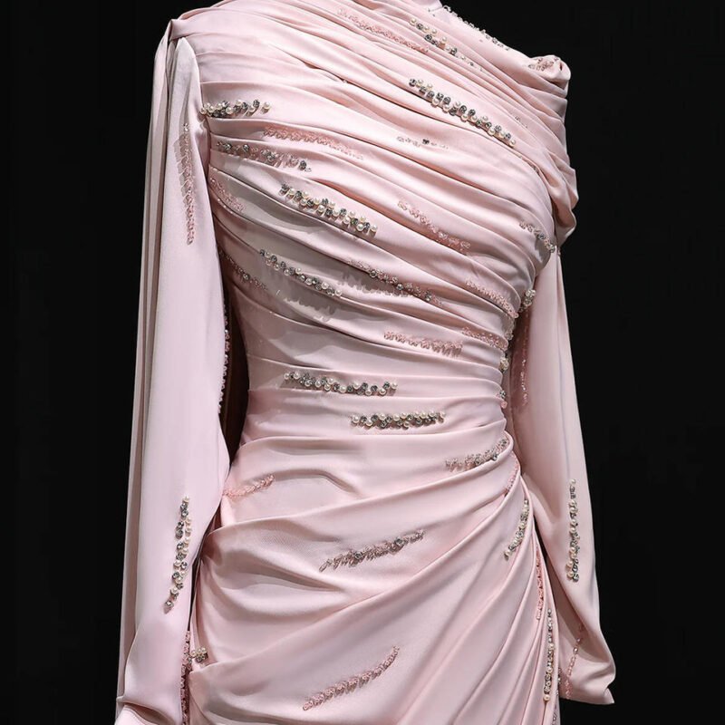 Pink Mermaid Evening Dress with Sparkling Beads and Ruffled Layers