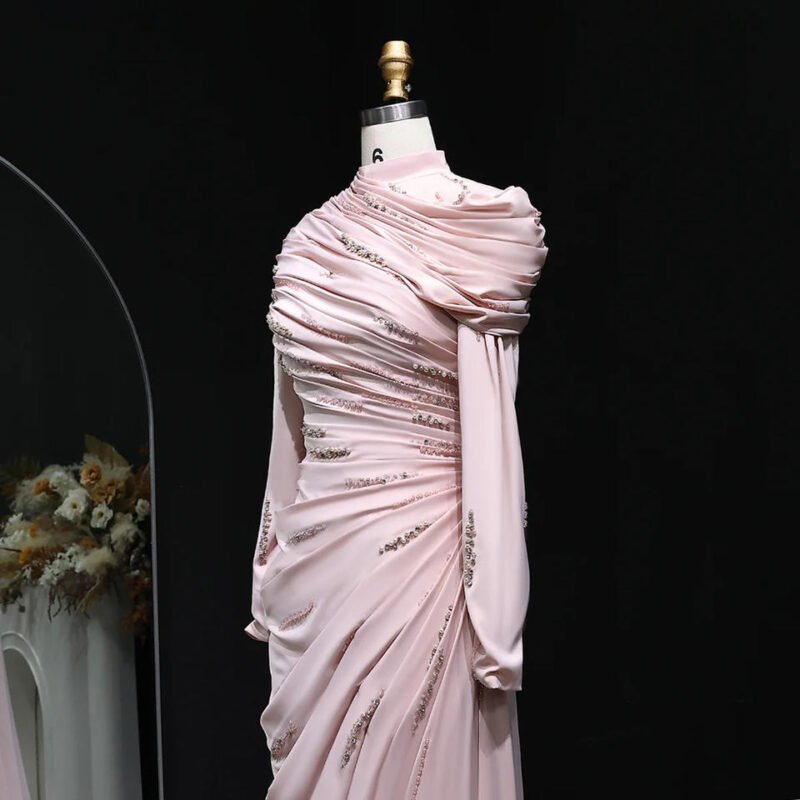 Pink Mermaid Evening Dress with Sparkling Beads and Ruffled Layers