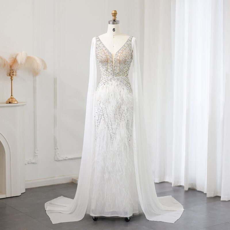 Luxury Beaded Evening Dress with Cape Sleeves