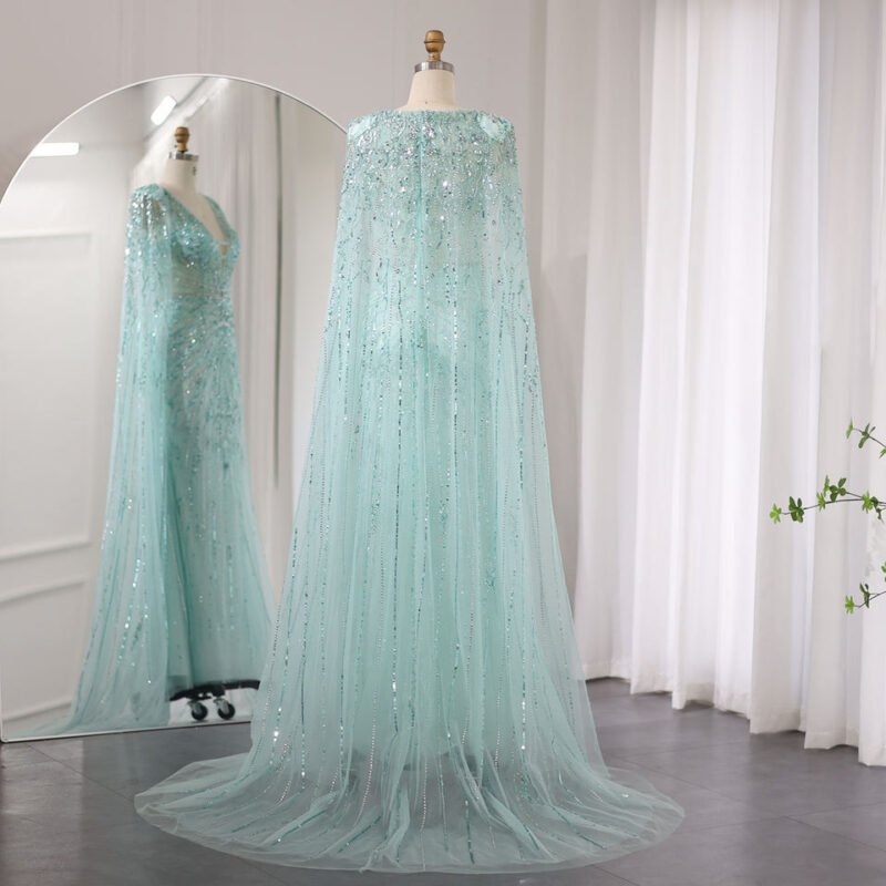 Luxury Aqua Mermaid Evening Gown – V-Neck Design with Cape Sleeves