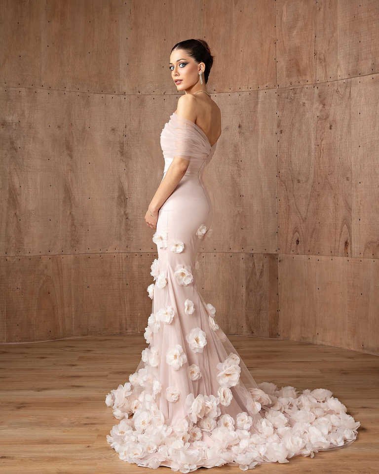 Elegant Off-Shoulder Pink Mermaid Evening Prom Dress with 3D Floral Appliques, Sweep Train & Lace-Up Back