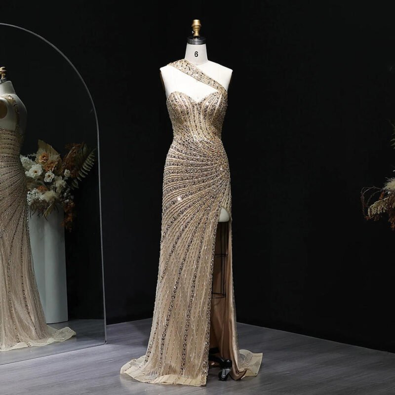 Luxury Champagne Crystal Evening Dress with High Slit