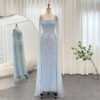 Luxury Sky Blue Evening Dress- Square Neckline with Dramatic Cape Sleeves