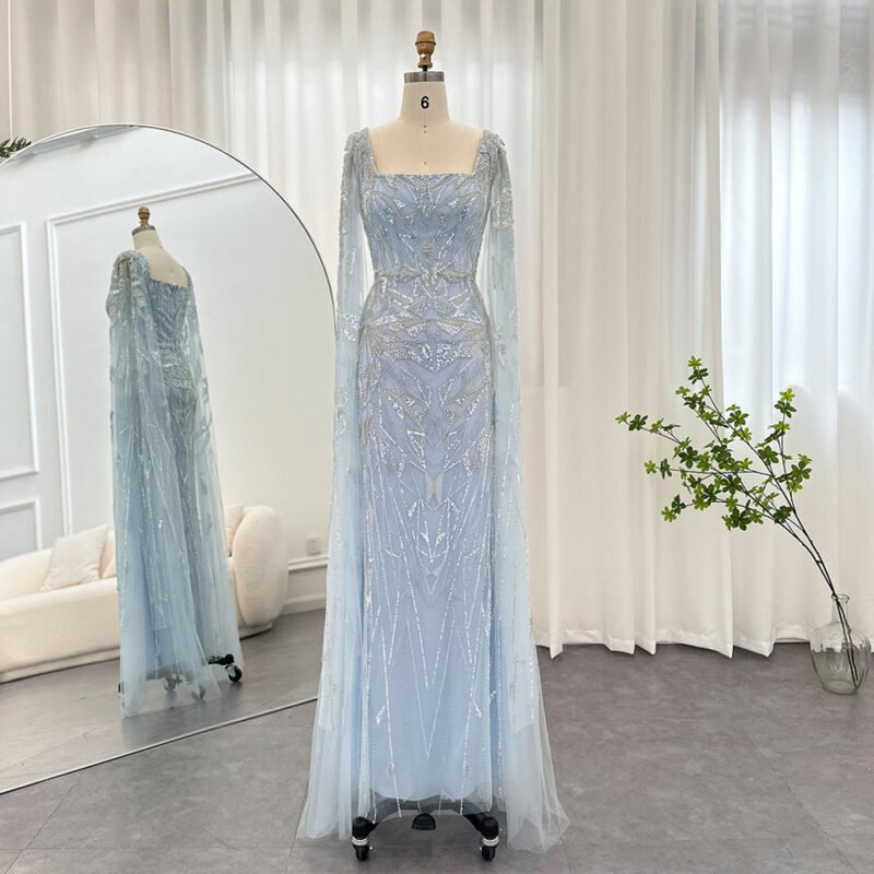 Luxury Sky Blue Evening Dress- Square Neckline with Dramatic Cape Sleeves