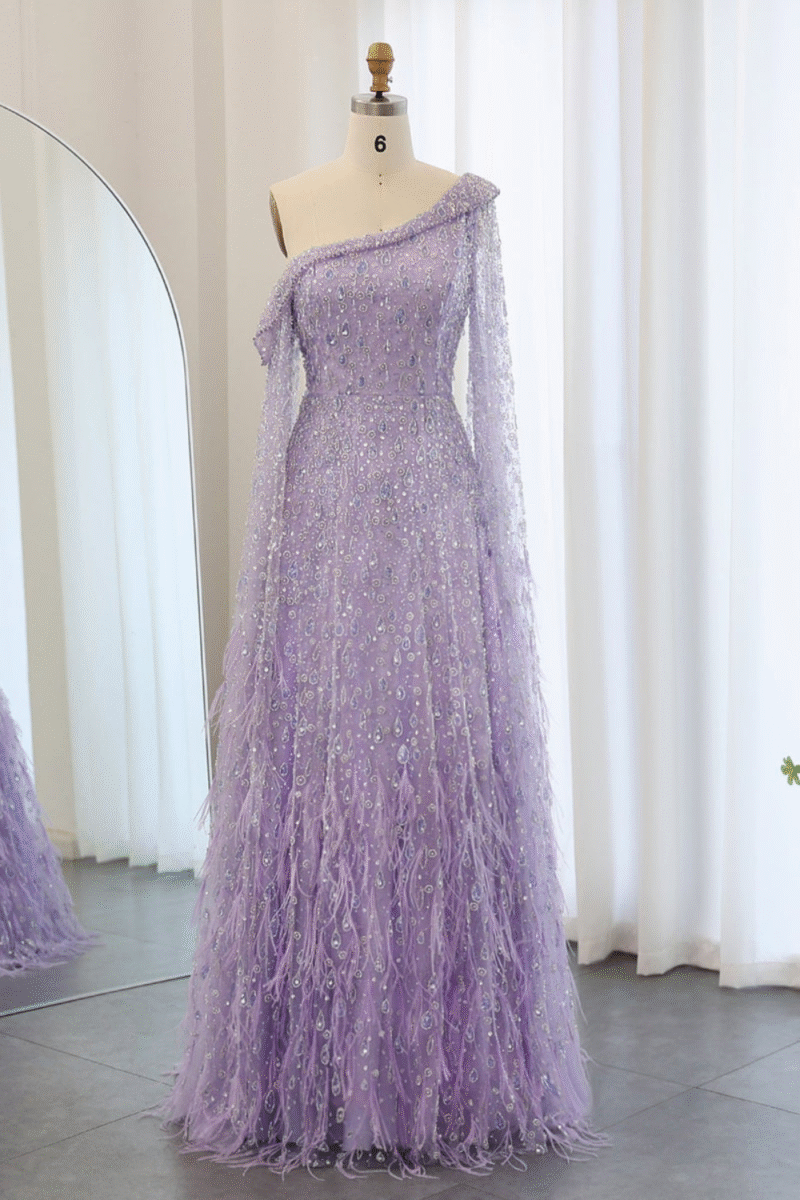 Luxury Lavender Feathered One-Shoulder Gown