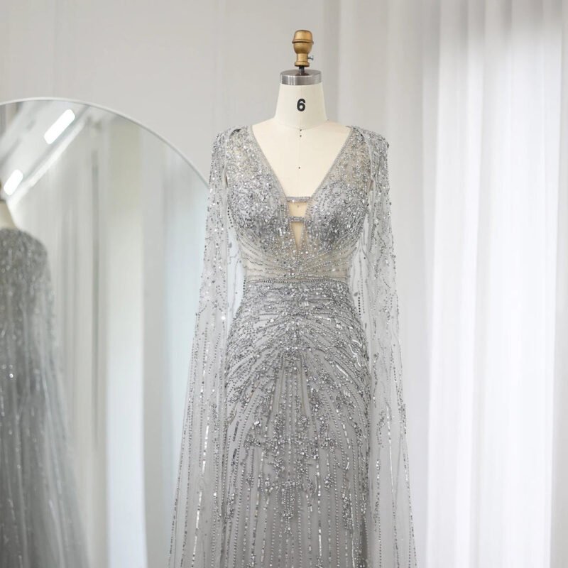 Luxury Aqua Mermaid Evening Gown – V-Neck Design with Cape Sleeves