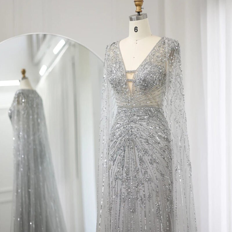 Luxury Aqua Mermaid Evening Gown – V-Neck Design with Cape Sleeves