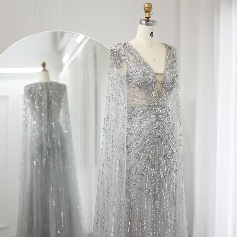 Luxury Aqua Mermaid Evening Gown – V-Neck Design with Cape Sleeves