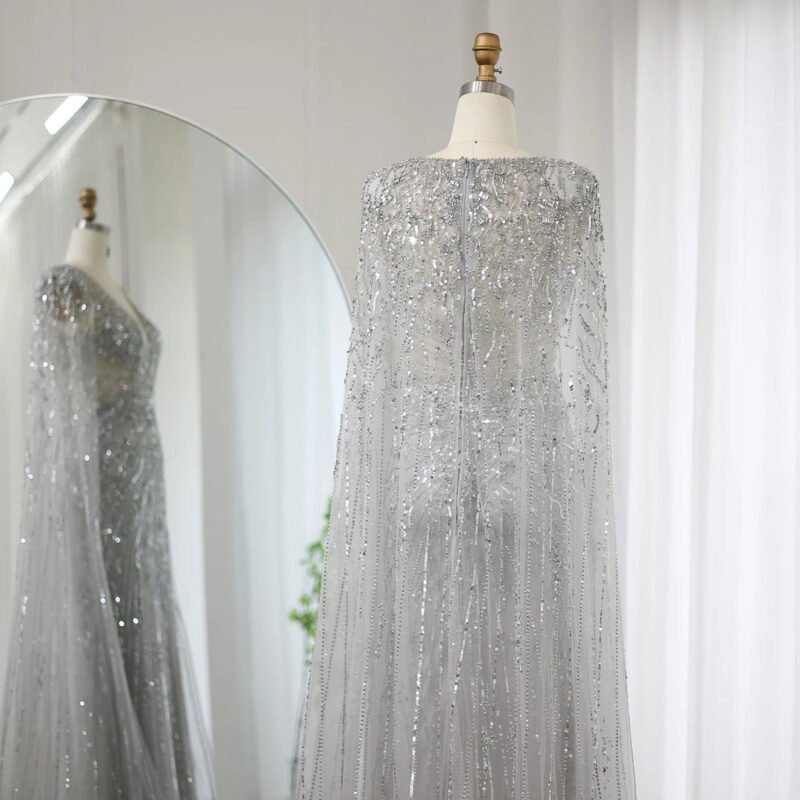 Luxury Aqua Mermaid Evening Gown – V-Neck Design with Cape Sleeves