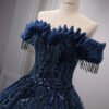 High-End Dark Blue Ball Gown Dress with Handmade Pearl Beading and Sequins