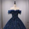 High-End Dark Blue Ball Gown Dress with Handmade Pearl Beading and Sequins