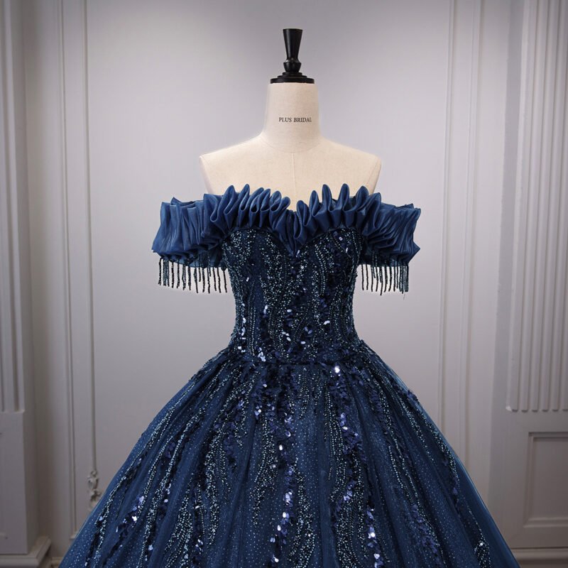 High-End Dark Blue Ball Gown Dress with Handmade Pearl Beading and Sequins
