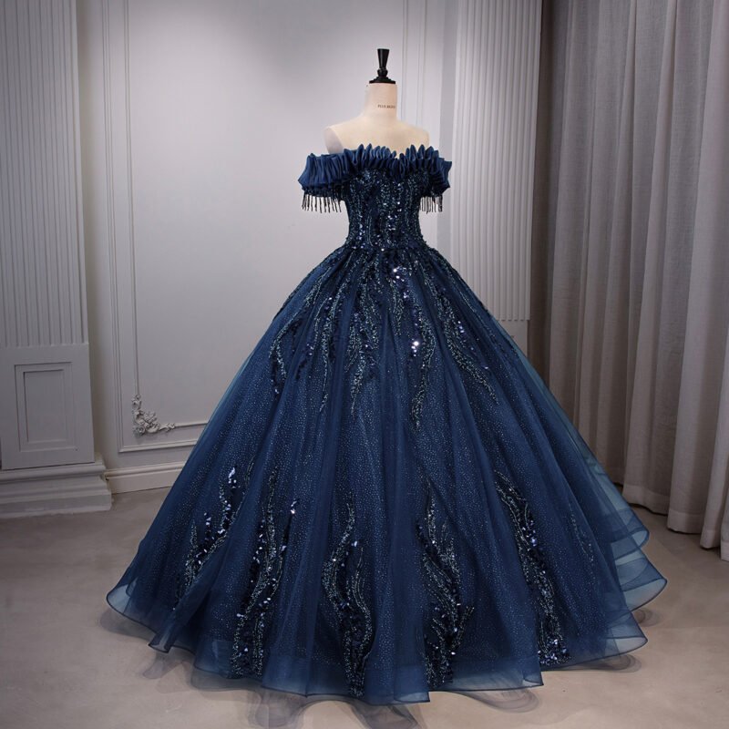 High-End Dark Blue Ball Gown Dress with Handmade Pearl Beading and Sequins