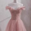 Sparkling Pink Tulle Gown with Sequin Embellishments